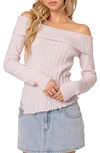 Edikted Sonya Foldover Off The Shoulder Rib Sweater In Light-pink