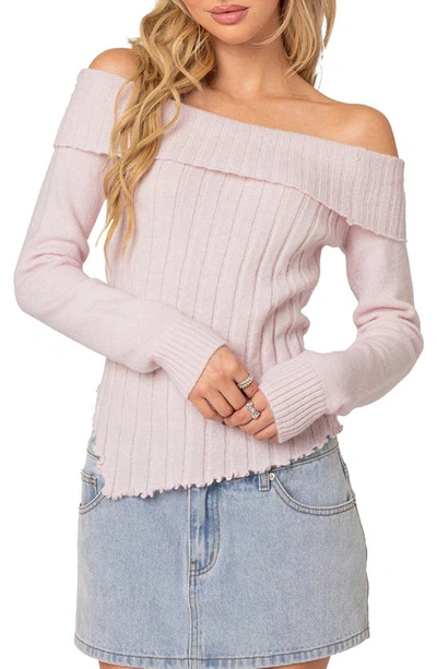 Edikted Sonya Foldover Off The Shoulder Rib Sweater In Light Pink