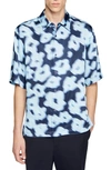 Sandro Oversized Printed Short Sleeve Button Front Shirt In Bleus