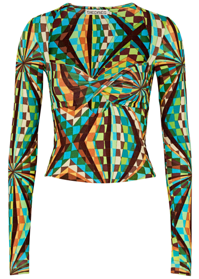 Siedres Divy Twist-front Cutout Printed Stretch-jersey Top In Multicoloured
