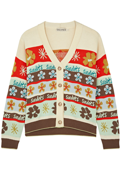 Siedres Amber Intarsia Cotton Cardigan In Beige