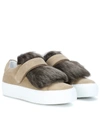 MONCLER FUR-TRIMMED SUEDE SNEAKERS,P00283838