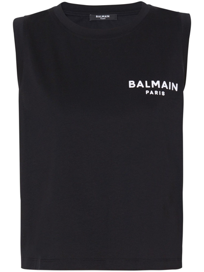 Balmain Logo-flocked Cotton Top In Eab Noir Blanc