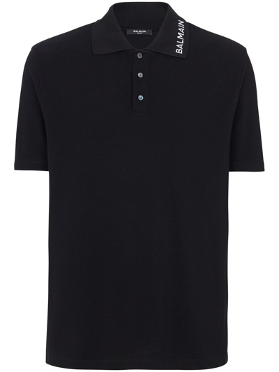 Balmain Logo-embroidered Cotton Polo Shirt In Black