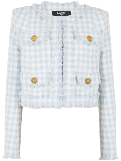 Balmain Plaid Tweed Fringe-trim Jacket In Default Title