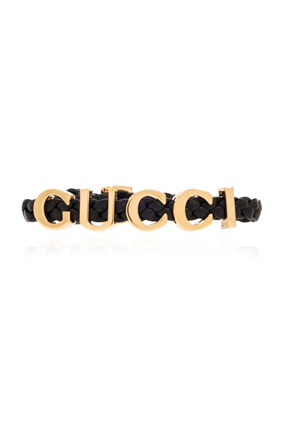 Gucci Logo Plaque Braided Bracelet In Black