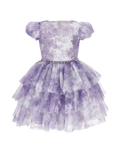 Monnalisa Kids'   Monocolour Floral Tulle Dress In Cream + Wisteria