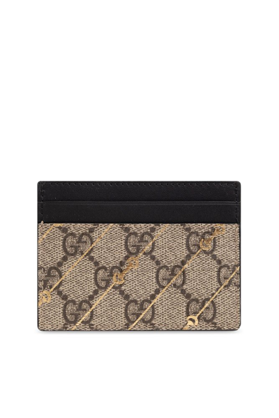 Gucci Monogrammed Horsebit Embroidered Card Case In Beige