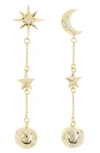COVET COVET MISMATCHED MOON & STAR LINEAR BALL DROP EARRINGS