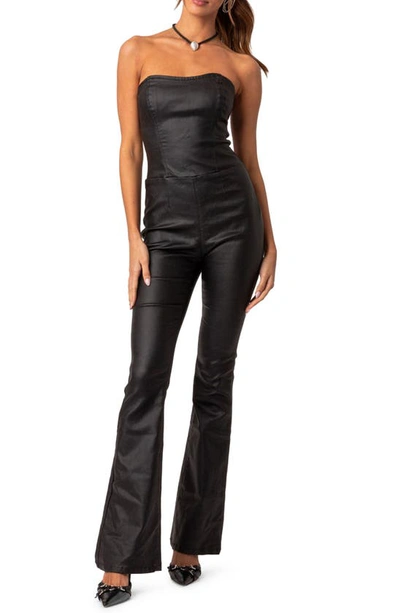 Edikted Women's Strapless Flared Jumpsuit With Slits In Black