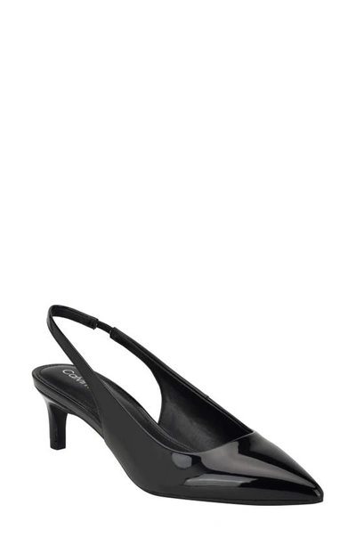 Calvin Klein Dainty Kitten Heel Pointed Toe Slingback Pump In Black Patent