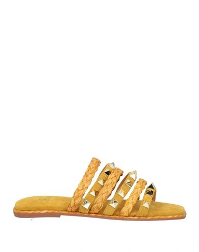 Alma Blue Woman Sandals Mustard Size 8 Leather, Natural Raffia In Yellow