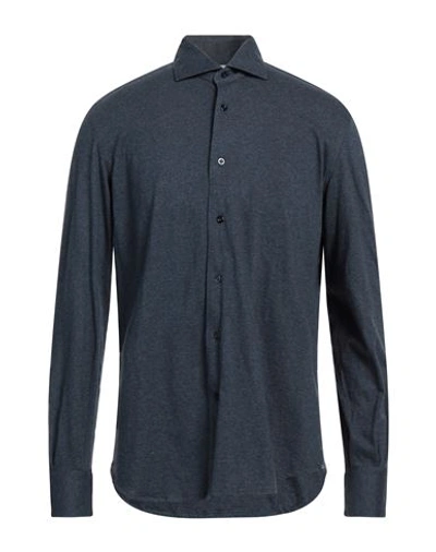 Mazzarelli Man Shirt Navy Blue Size 17 Cotton, Cashmere