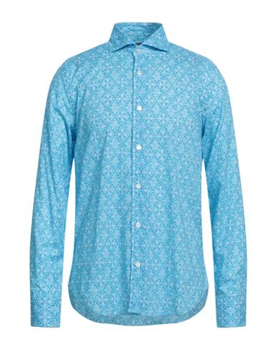 Fedeli Man Shirt Azure Size 17 Cotton, Elastane In Blue