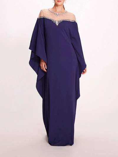 Marchesa Embroidered Illusion Kaftan In Navy