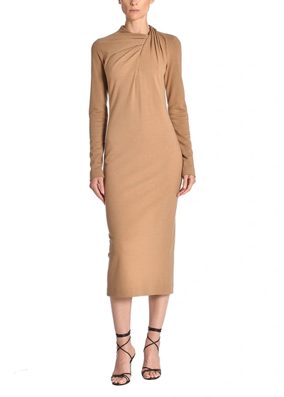 Adam Lippes Long Sleeve High Neck Draped Dress In Wool Jersey In Brown