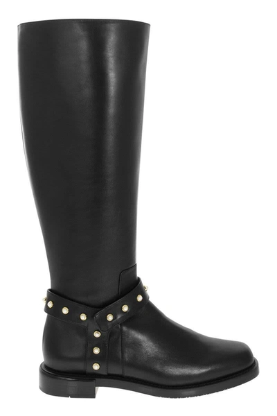 Stuart Weitzman Pearl Moto - Leather Boot With Pearls In Black