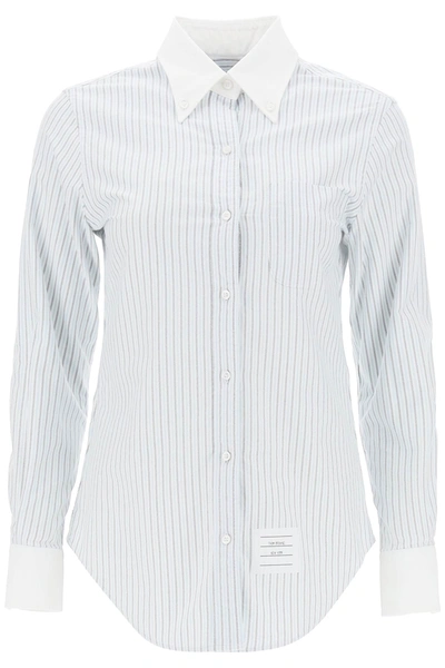 Thom Browne Striped Oxford Shirt In White,light Blue