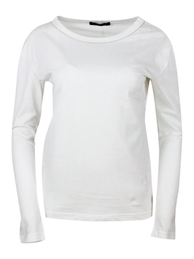 Fabiana Filippi Long-sleeved Crew-neck T-shirt In Ribbed Cotton Jersey With Knit Collar And Embellished With A Shiny In White