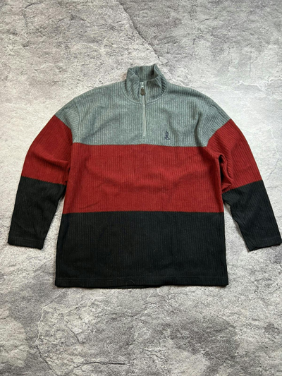 Pre-owned Polo Ralph Lauren X Vintage Polo Ralph Laurent Striped Ribbed 1/4 Zip Sweatshirt In Grey