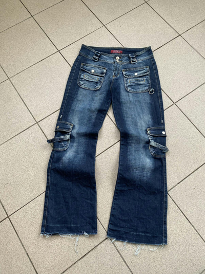 Pre-owned Archival Clothing Vintage Cargo Flare Y2k Backwards Jeans In Washed Blue