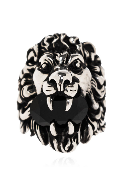Gucci Crystal Embellished Lion Ring In Silver