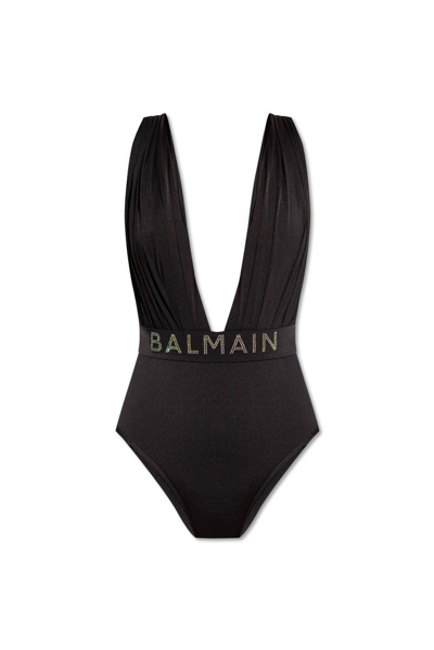 Balmain Draped Swimsuit In Black