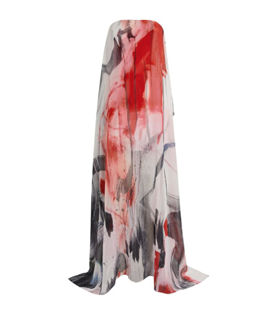 Koltson Strapless Brushstroke-print Chiffon Overlay Slit-hem Gown In Red Abstract