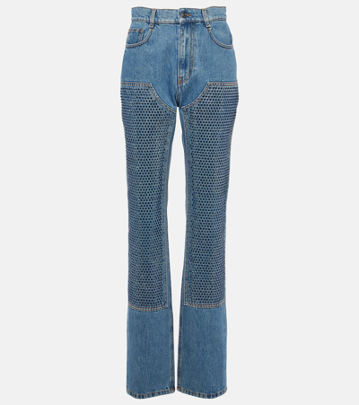 Area Crystal Embellished High Waist Straight Leg Jeans In Blue