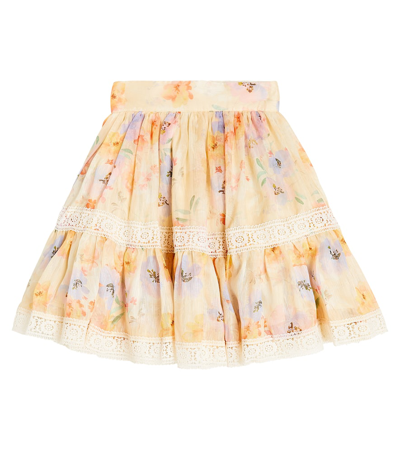 Petite Amalie Kids' Floral Ruffled Silk And Linen Skirt In Beige