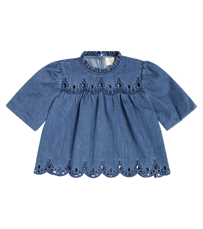 Petite Amalie Kids' Smocked Cotton Chambray Shirt In Blue