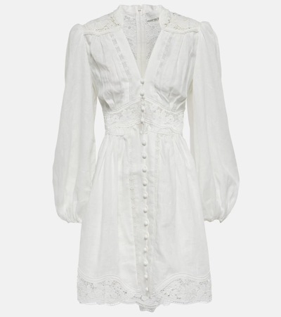 Zimmermann August Guipure Lace-trimmed Gathered Linen Mini Dress In Ivory