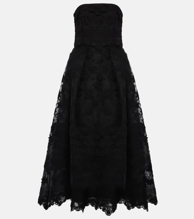 Elie Saab Strapless Embroidered Tulle Gown In Black