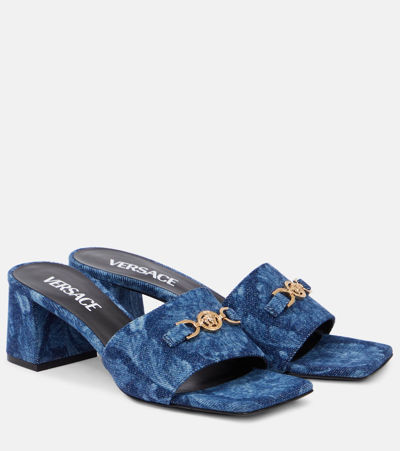 Versace Medusa Leather-trimmed Mules In Blue