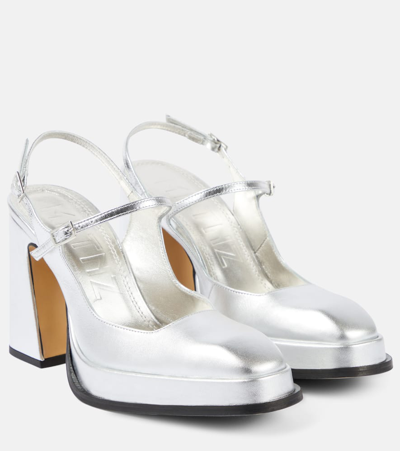 Souliers Martinez Claudia Metallic Leather Platform Pumps In Silver