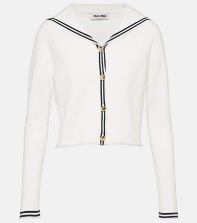 Miu Miu Striped Cotton-blend Cardigan In White