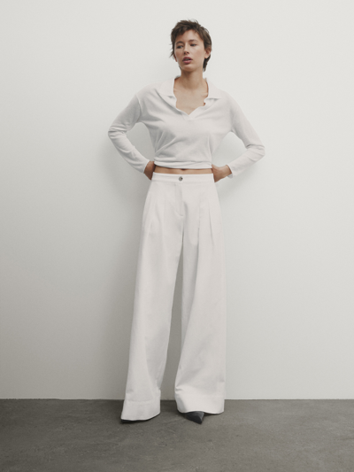 Massimo Dutti Wide-leg-hose Mit Hohem Bund Und Doppelter Bundfalte In Gebrochen Weiss