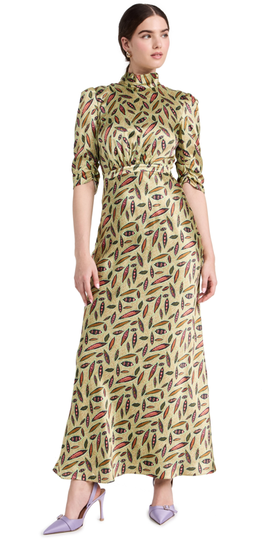 Saloni Adele Printed Silk-satin Maxi Dress In Linden Sage