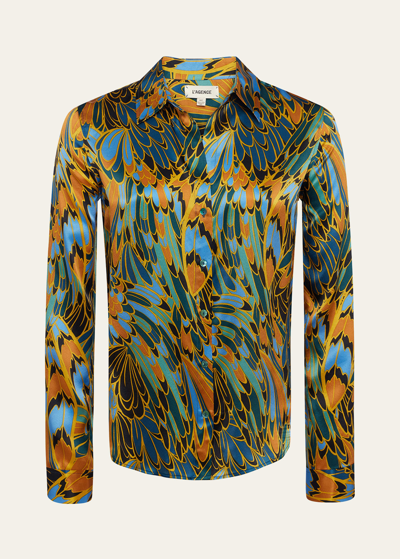 L Agence Tyler Parrot Feather Printed Silk Shirt In Multi