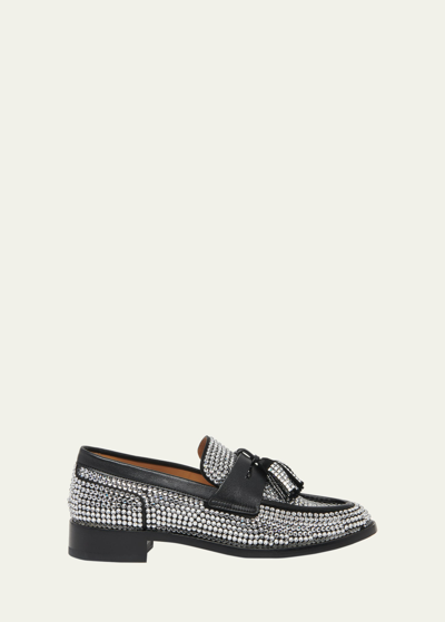 René Caovilla Crystal Tassel Penny Loafers In Black Satin-lambc