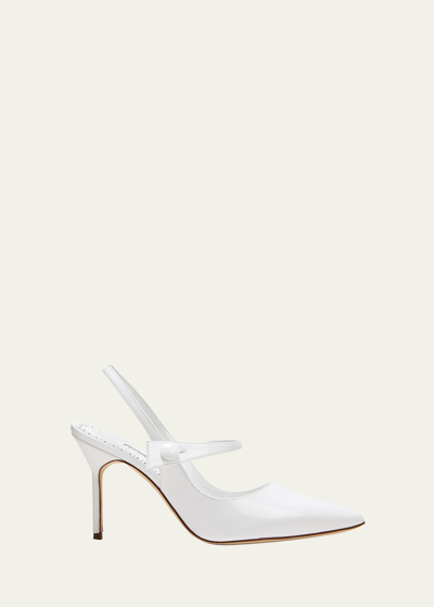 Manolo Blahnik Didion Patent Mary Jane Pumps In White