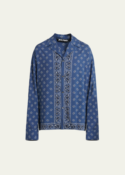 Palm Angels Men's Paisley-print Casual Button-down Shirt In Navy Blue