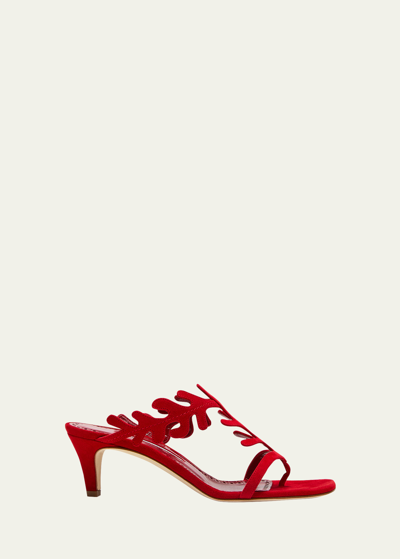 Manolo Blahnik Suede T-strap Slide Sandals In Red