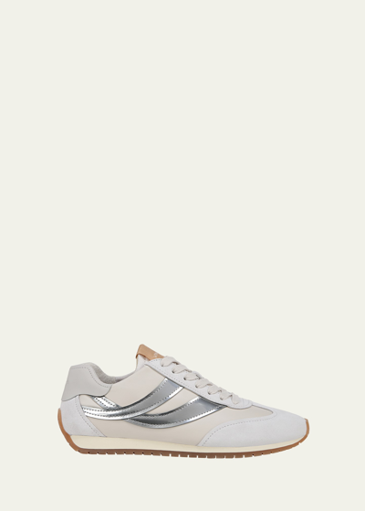 Vince Oasis Mixed Leather Retro Sneakers In Offwht/slvr