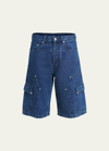 Palm Angels Indigo Monogram Workwear Denim Shorts In Indigo