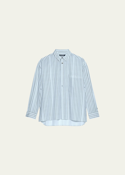 Jacquemus Men's Striped Cotton Dress Shirt In Print Blue Stripe