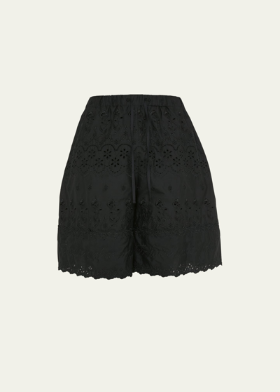 Simone Rocha Wide-leg Broderie Anglaise Cotton-poplin Drawstring Shorts In Black