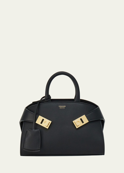 Ferragamo Hug Gancini Leather Top-handle Bag In Nero