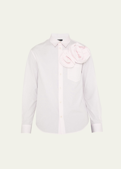 Simone Rocha Men's Poplin Pressed Rose Applique Sport Shirt In Pale Rose