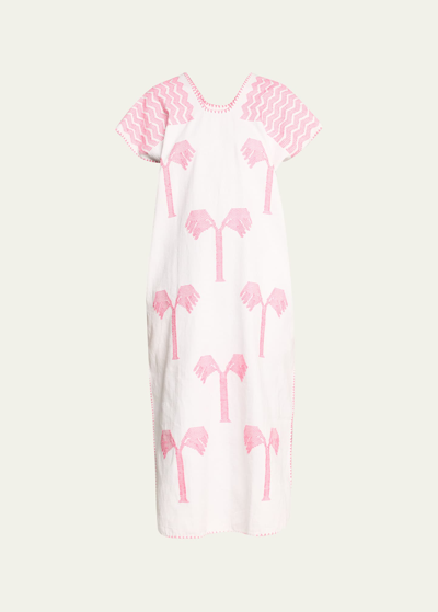 Pippa Holt Single-panel Midi Kaftan In White With Pink Realistic Palm Motifs